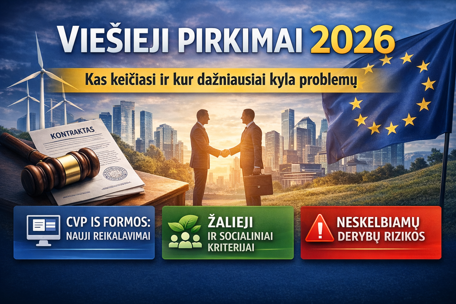 Viešųjų pirkimų 2026 iliustracija: CVP IS nauji reikalavimai, žalieji ir socialiniai kriterijai bei neskelbiamų derybų rizikos ES kontekste